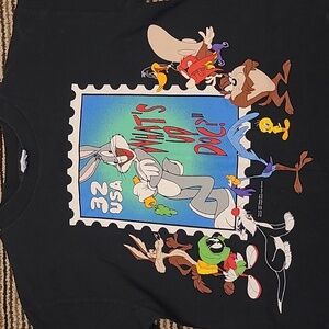 WARNER BROS Characters Bugs Stamp Black Cotton Mens T Shirt L‎ 90s VTG RARE